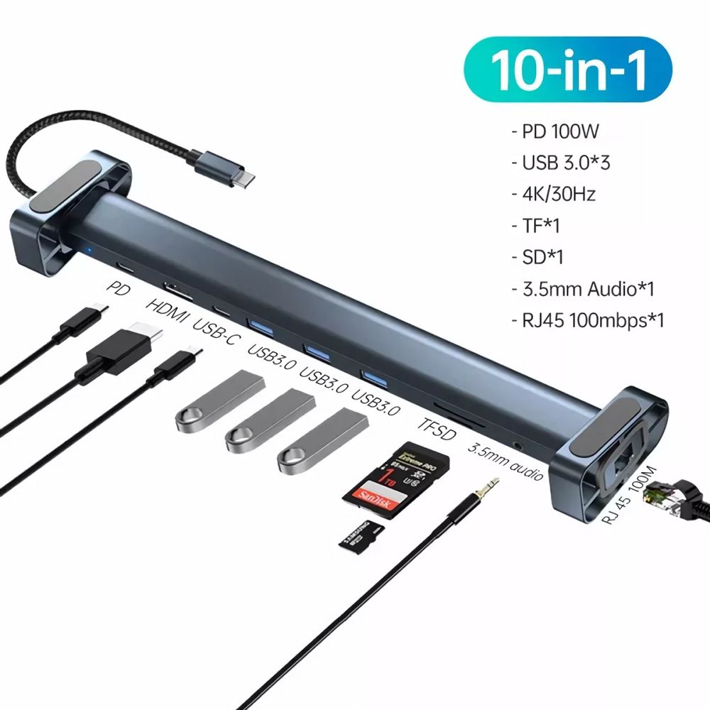 Adapter Type C JWD-TC45 na LAN, PD, HDMI, Type C, 3x USB 3.0, SD, TF, 3.5mm 10 u 1 sivi